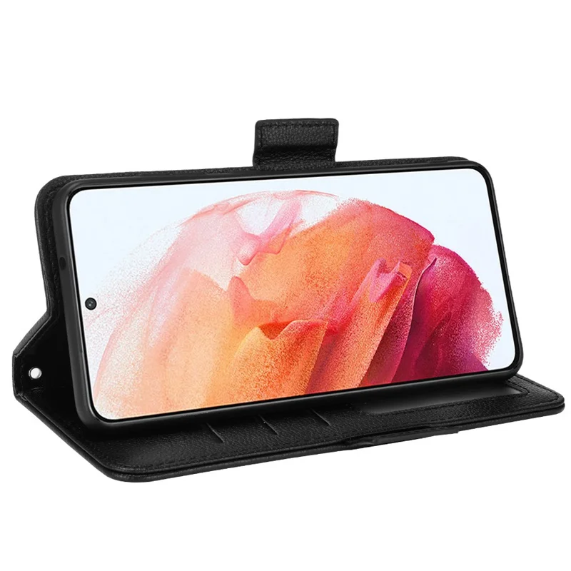 Litchi Texture Shockproof PU Leather Wallet Cover Double Magnetic Closure Flip Phone Case with Stand for Samsung Galaxy S22+ 5G - Black