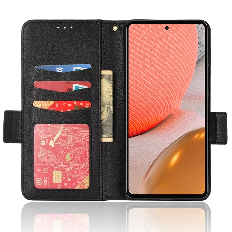 Double Magnetic Clasp Litchi Texture PU Leather Stand Wallet Phone Case Shell for Samsung Galaxy A52s 5G/A52 5G/A52 4G - Black