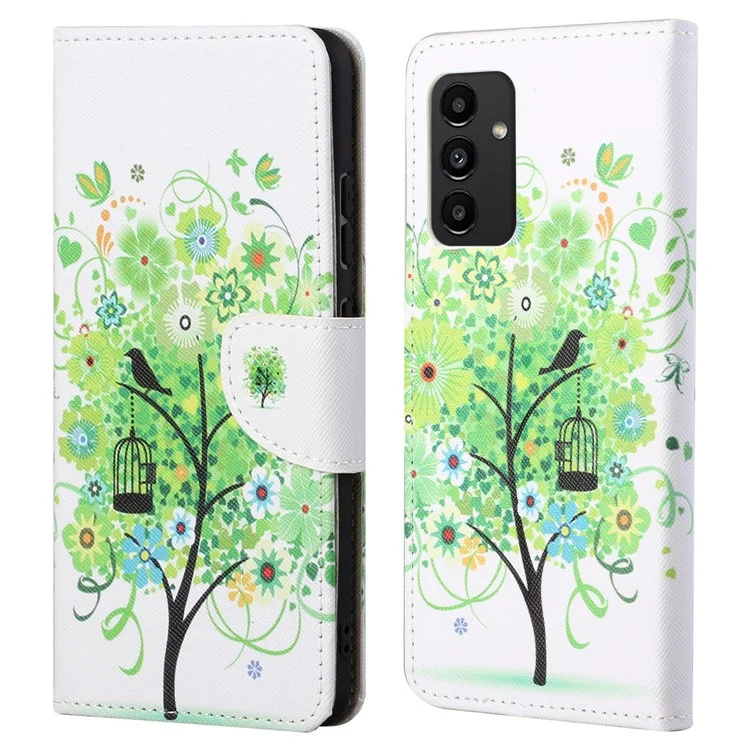 For Samsung Galaxy A13 4G Stand Wallet Cross Texture Leather Cover Pattern Printing Shockproof Phone Case - Green Tree
