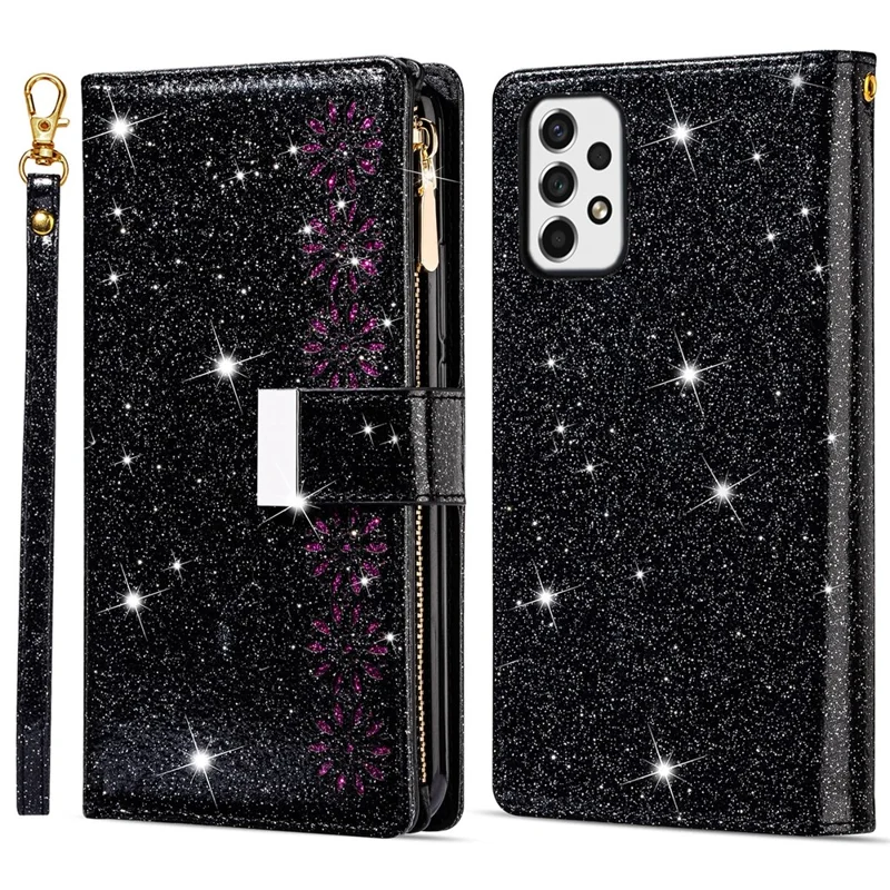 Drop-proof Laser Workmanship Starry Style Zipper Wallet Stand Leather Phone Case with Strap for Samsung Galaxy A53 5G - Black