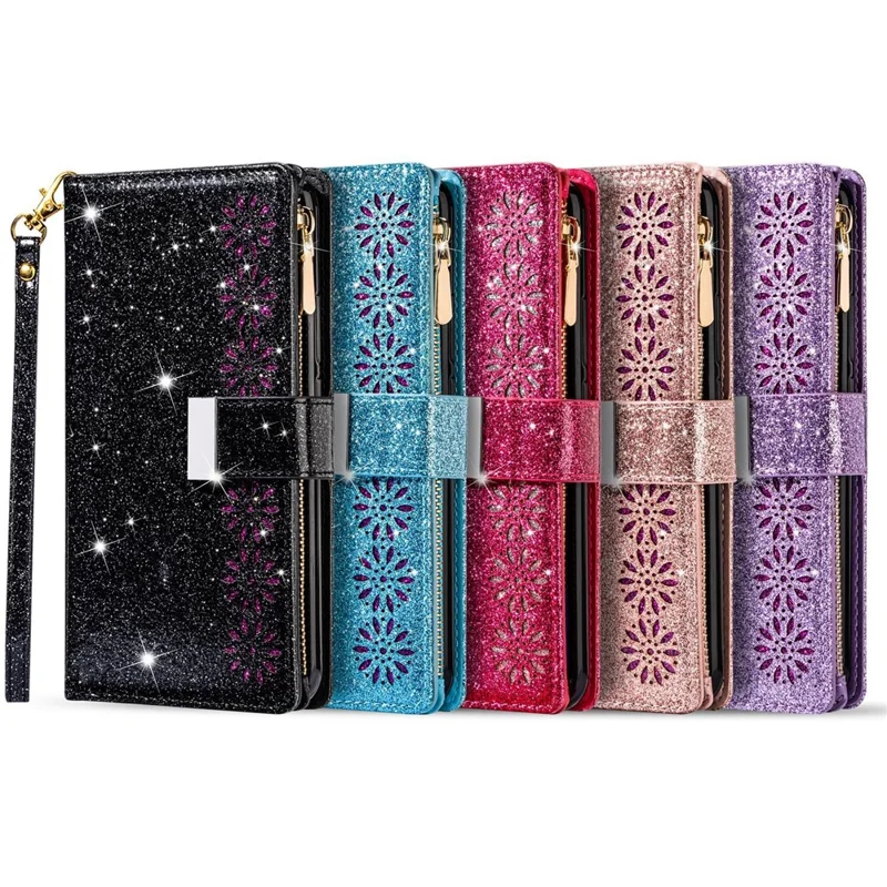 Drop-proof Laser Workmanship Starry Style Zipper Wallet Stand Leather Phone Case with Strap for Samsung Galaxy A53 5G - Black