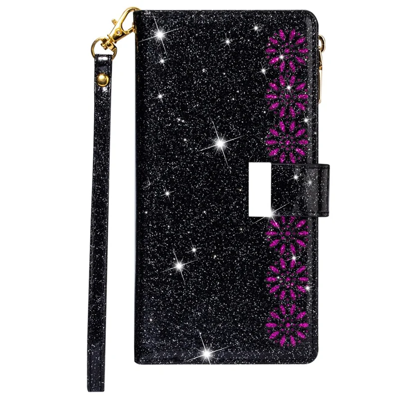 Drop-proof Laser Workmanship Starry Style Zipper Wallet Stand Leather Phone Case with Strap for Samsung Galaxy A53 5G - Black