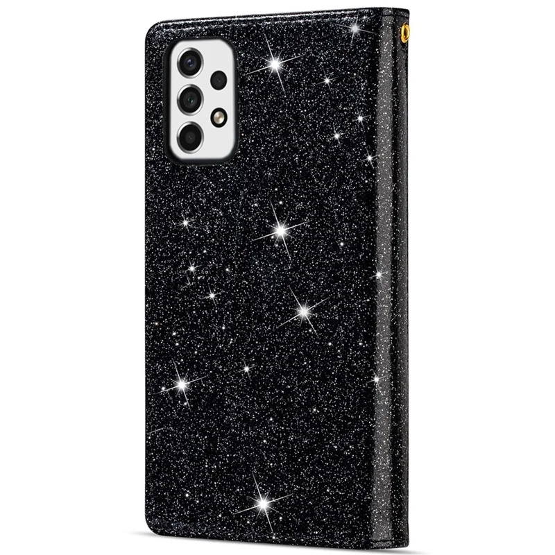 Drop-proof Laser Workmanship Starry Style Zipper Wallet Stand Leather Phone Case with Strap for Samsung Galaxy A53 5G - Black