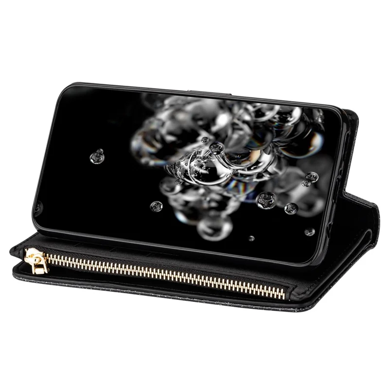 Drop-proof Laser Workmanship Starry Style Zipper Wallet Stand Leather Phone Case with Strap for Samsung Galaxy A53 5G - Black