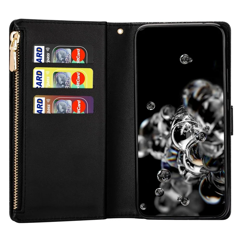 Drop-proof Laser Workmanship Starry Style Zipper Wallet Stand Leather Phone Case with Strap for Samsung Galaxy A53 5G - Black