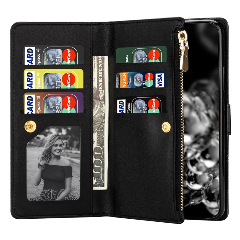Drop-proof Laser Workmanship Starry Style Zipper Wallet Stand Leather Phone Case with Strap for Samsung Galaxy A53 5G - Black
