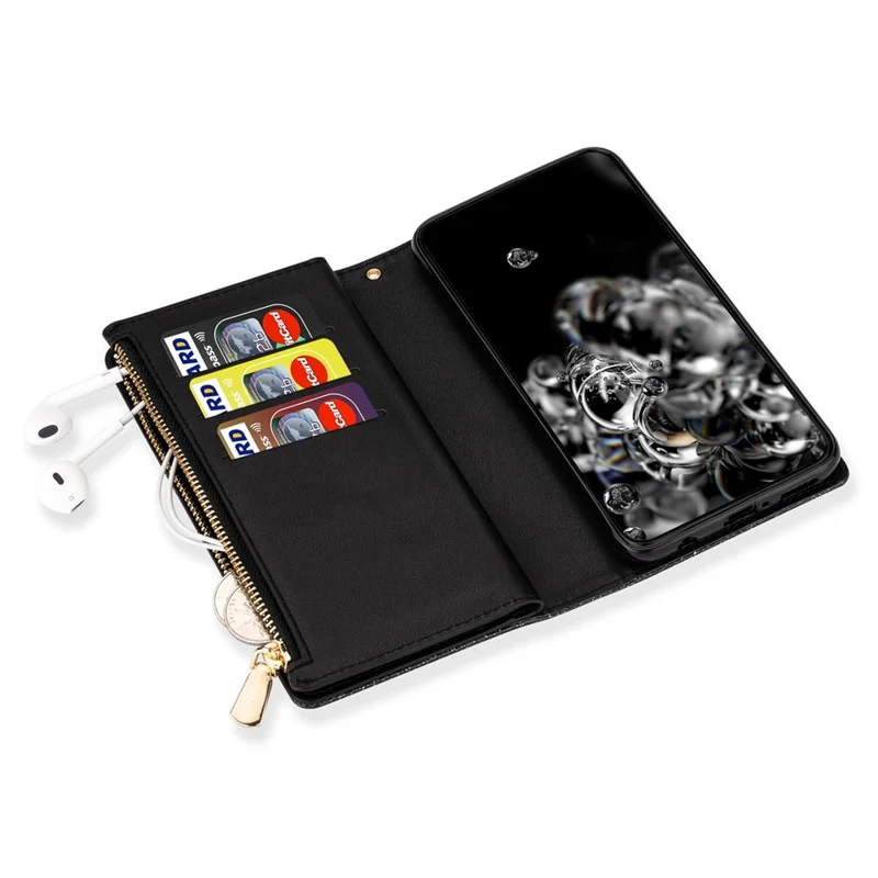 Drop-proof Laser Workmanship Starry Style Zipper Wallet Stand Leather Phone Case with Strap for Samsung Galaxy A53 5G - Black