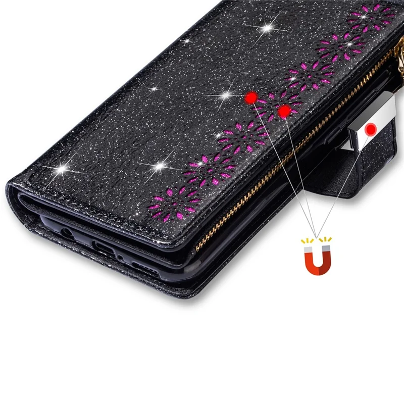 Drop-proof Laser Workmanship Starry Style Zipper Wallet Stand Leather Phone Case with Strap for Samsung Galaxy A53 5G - Black