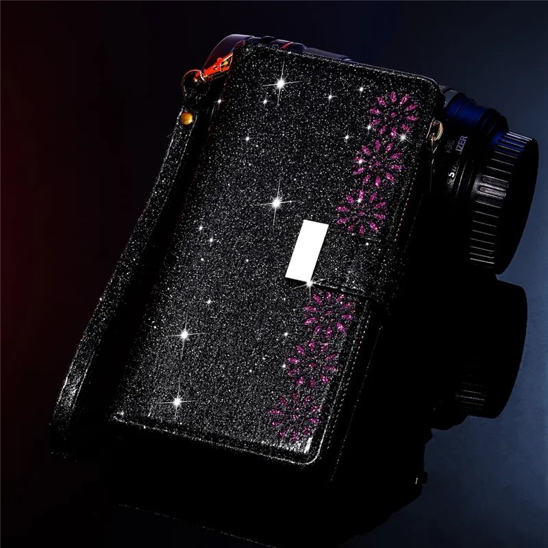 Drop-proof Laser Workmanship Starry Style Zipper Wallet Stand Leather Phone Case with Strap for Samsung Galaxy A53 5G - Black