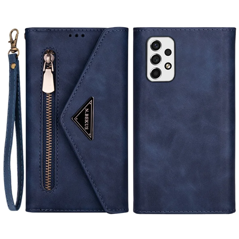 For Samsung Galaxy A33 5G Zipper Wallet Stand PU Leather + TPU Phone Case with Short + Long Strap - Blue
