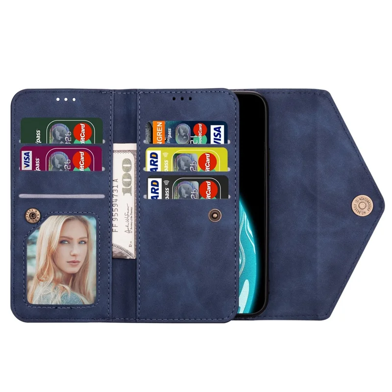 For Samsung Galaxy A33 5G Zipper Wallet Stand PU Leather + TPU Phone Case with Short + Long Strap - Blue