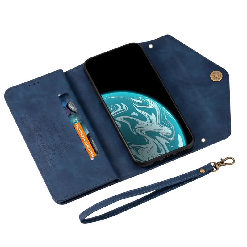 For Samsung Galaxy A33 5G Zipper Wallet Stand PU Leather + TPU Phone Case with Short + Long Strap - Blue