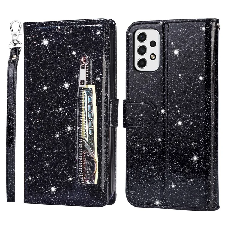 For Samsung Galaxy A53 5G Glitter Sequins PU Leather + TPU Full Protection Stand Wallet Case with Zipper Pocket and Hand Strap - Black