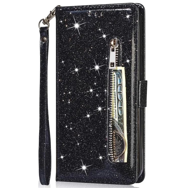For Samsung Galaxy A53 5G Glitter Sequins PU Leather + TPU Full Protection Stand Wallet Case with Zipper Pocket and Hand Strap - Black