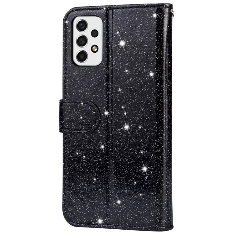 For Samsung Galaxy A53 5G Glitter Sequins PU Leather + TPU Full Protection Stand Wallet Case with Zipper Pocket and Hand Strap - Black