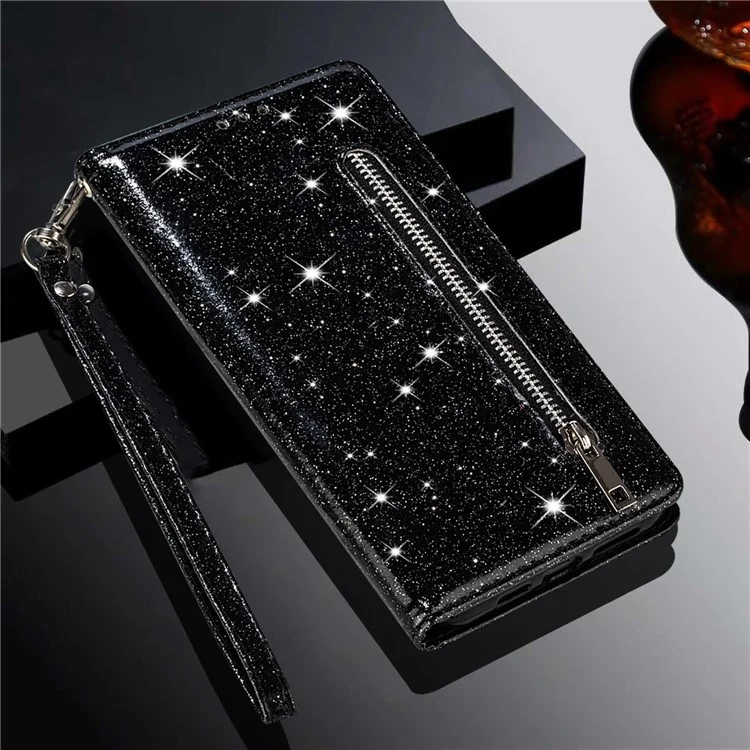 For Samsung Galaxy A53 5G Glitter Sequins PU Leather + TPU Full Protection Stand Wallet Case with Zipper Pocket and Hand Strap - Black