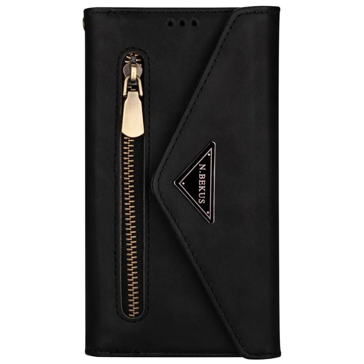 Pour Samsung Galaxy A53 5G Skin-touch Feeling Zipper Wallet Design PU Leather Stand Phone Case Cover with Short + Long Strap - Noir