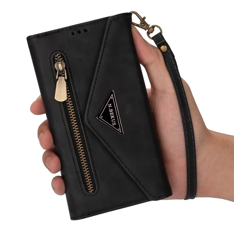Pour Samsung Galaxy A53 5G Skin-touch Feeling Zipper Wallet Design PU Leather Stand Phone Case Cover with Short + Long Strap - Noir