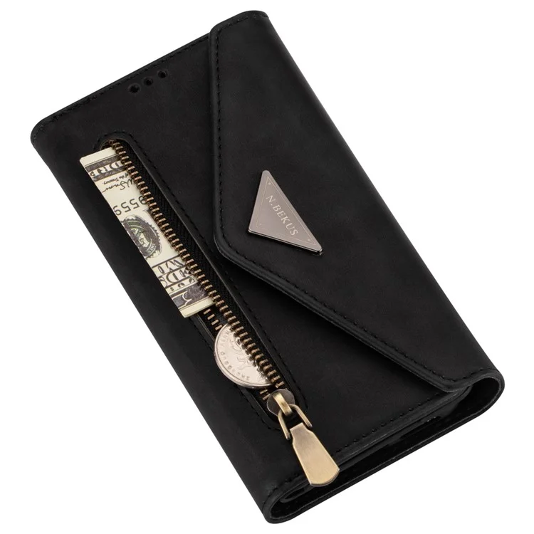 Pour Samsung Galaxy A53 5G Skin-touch Feeling Zipper Wallet Design PU Leather Stand Phone Case Cover with Short + Long Strap - Noir