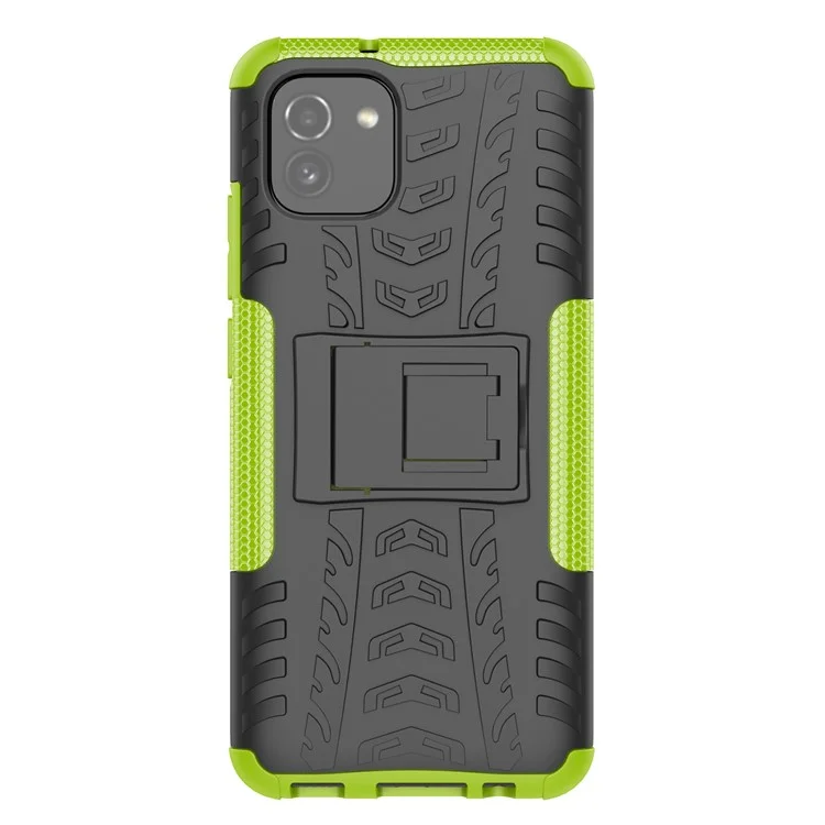 Anti-slip Tire Texture PC + TPU Combo Dual Layer Protective Back Cover with Kickstand for Samsung Galaxy A03 (164.2 x 75.9 x 9.1mm) - Verde