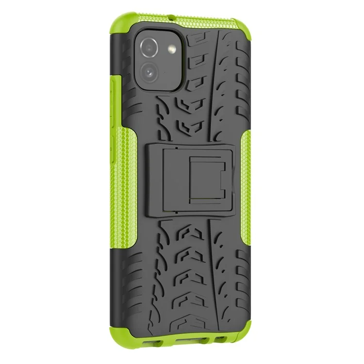 Anti-slip Tire Texture PC + TPU Combo Dual Layer Protective Back Cover with Kickstand for Samsung Galaxy A03 (164.2 x 75.9 x 9.1mm) - Verde