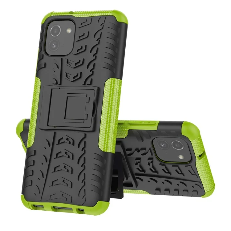 Anti-slip Tire Texture PC + TPU Combo Dual Layer Protective Back Cover with Kickstand for Samsung Galaxy A03 (164.2 x 75.9 x 9.1mm) - Verde