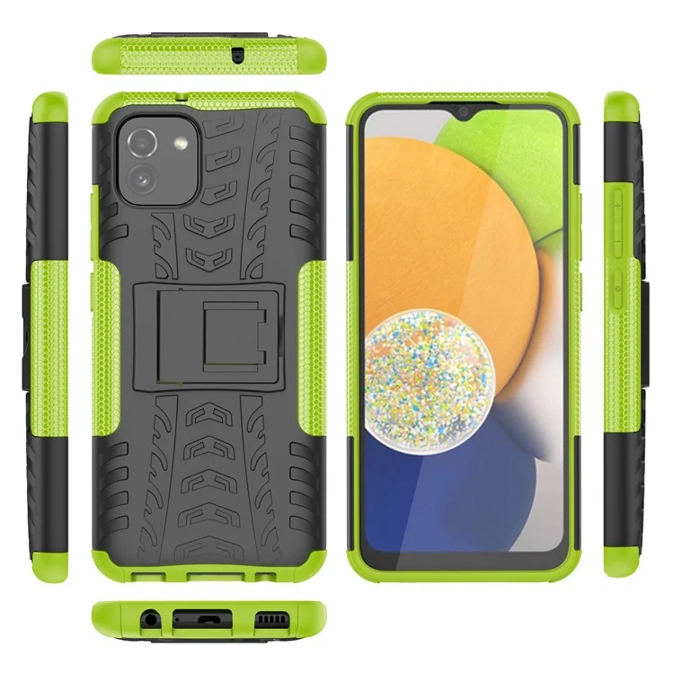 Anti-slip Tire Texture PC + TPU Combo Dual Layer Protective Back Cover with Kickstand for Samsung Galaxy A03 (164.2 x 75.9 x 9.1mm) - Verde