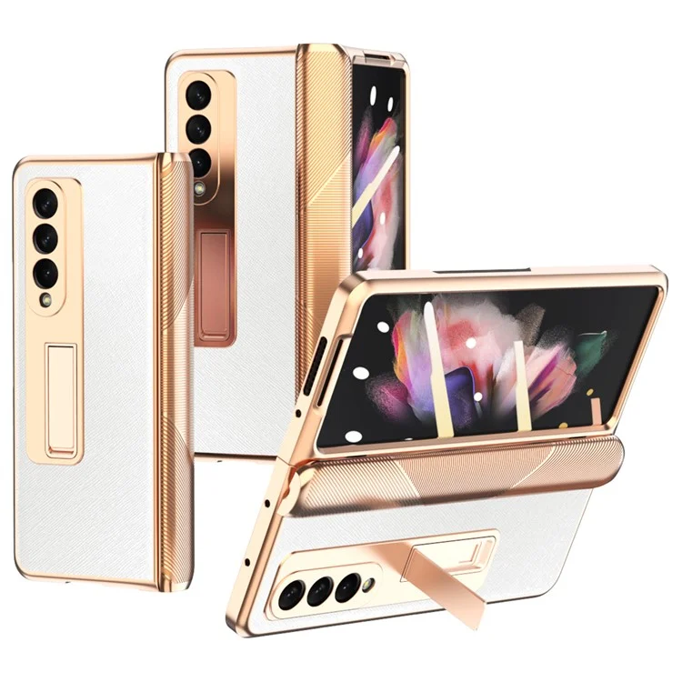 TPU Recubierto de Cuero PU de Textura Cruzada TPU + PC Case de la Bisagra de Protección Completa Con Protector de Pantalla de Vidrio Templado Para Samsung Galaxy Z Fold3 5G - Blanco