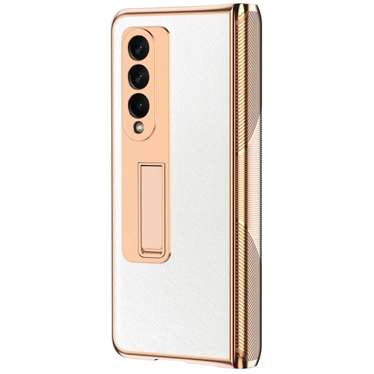 TPU Recubierto de Cuero PU de Textura Cruzada TPU + PC Case de la Bisagra de Protección Completa Con Protector de Pantalla de Vidrio Templado Para Samsung Galaxy Z Fold3 5G - Blanco