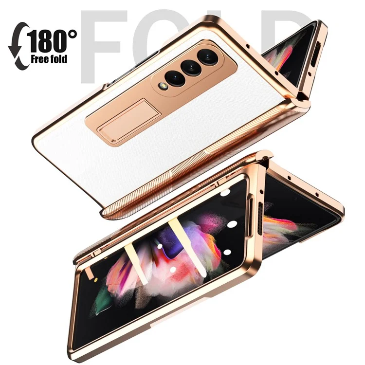 TPU Recubierto de Cuero PU de Textura Cruzada TPU + PC Case de la Bisagra de Protección Completa Con Protector de Pantalla de Vidrio Templado Para Samsung Galaxy Z Fold3 5G - Blanco