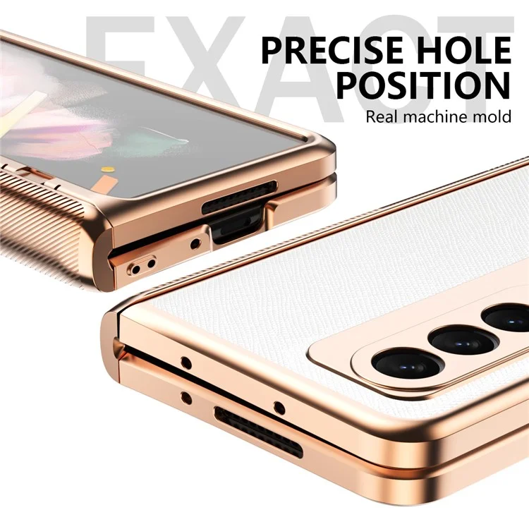 TPU Recubierto de Cuero PU de Textura Cruzada TPU + PC Case de la Bisagra de Protección Completa Con Protector de Pantalla de Vidrio Templado Para Samsung Galaxy Z Fold3 5G - Blanco