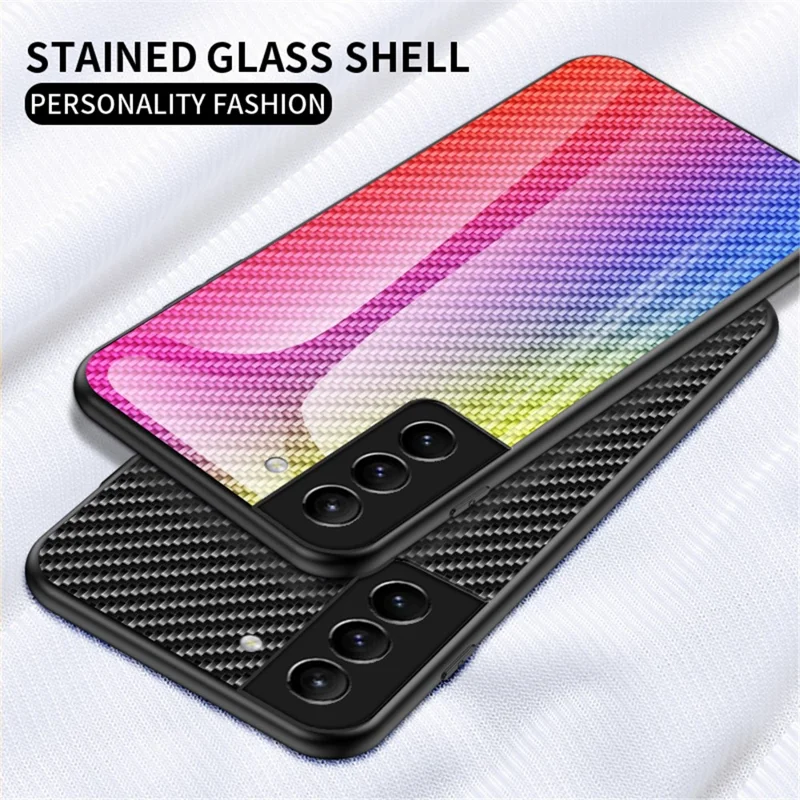 Carbon Fiber Texture Thin Light Tempered Glass Back Anti-Scratch PC+TPU Case Protective Cover for Samsung Galaxy S22 5G - Black