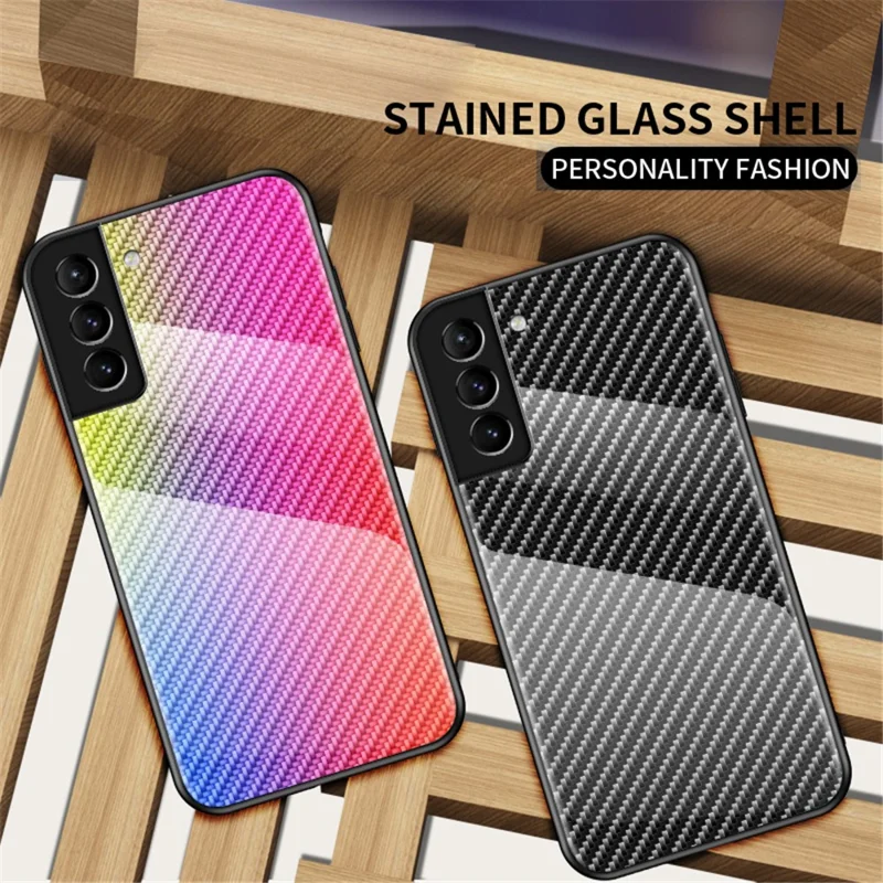 Carbon Fiber Texture Thin Light Tempered Glass Back Anti-Scratch PC+TPU Case Protective Cover for Samsung Galaxy S22 5G - Black