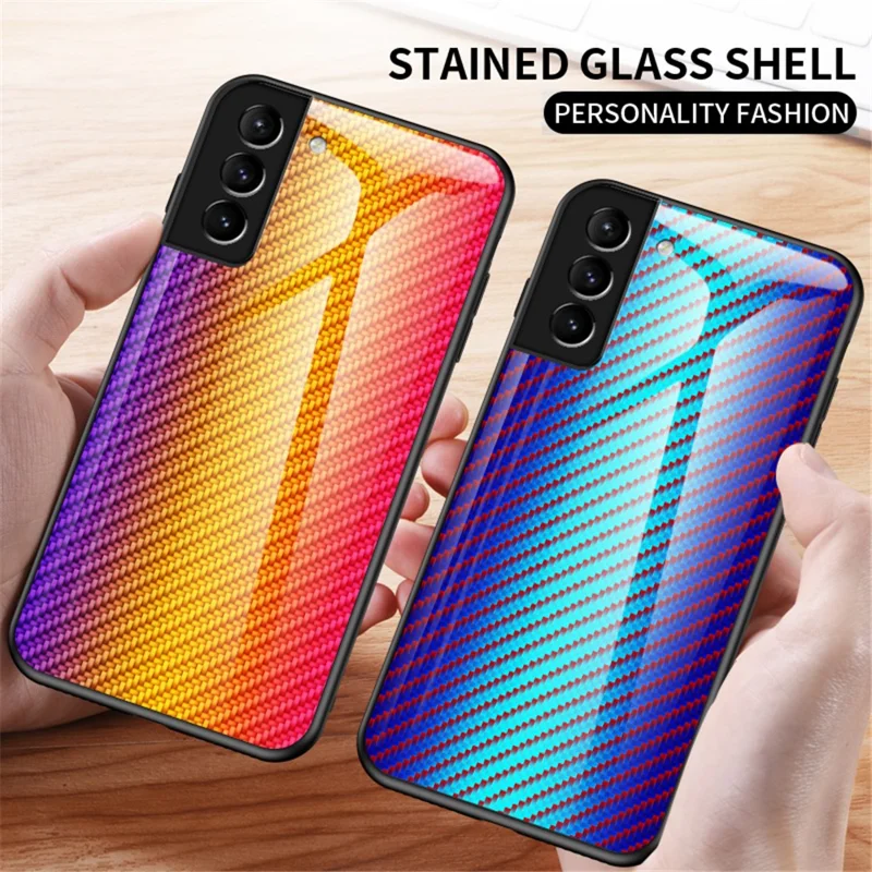 Carbon Fiber Texture Thin Light Tempered Glass Back Anti-Scratch PC+TPU Case Protective Cover for Samsung Galaxy S22 5G - Black
