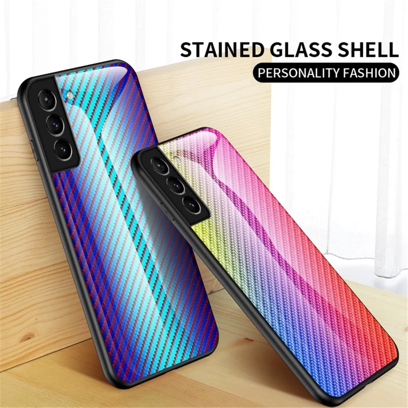 Carbon Fiber Texture Thin Light Tempered Glass Back Anti-Scratch PC+TPU Case Protective Cover for Samsung Galaxy S22 5G - Black