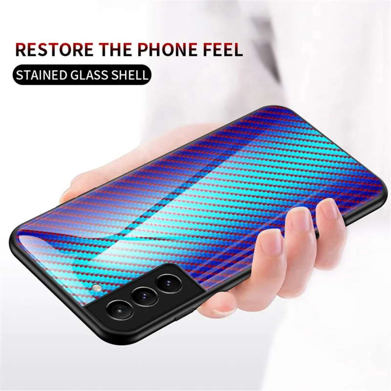Carbon Fiber Texture Thin Light Tempered Glass Back Anti-Scratch PC+TPU Case Protective Cover for Samsung Galaxy S22 5G - Black