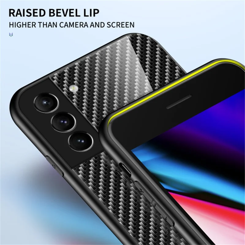 Carbon Fiber Texture Thin Light Tempered Glass Back Anti-Scratch PC+TPU Case Protective Cover for Samsung Galaxy S22 5G - Black