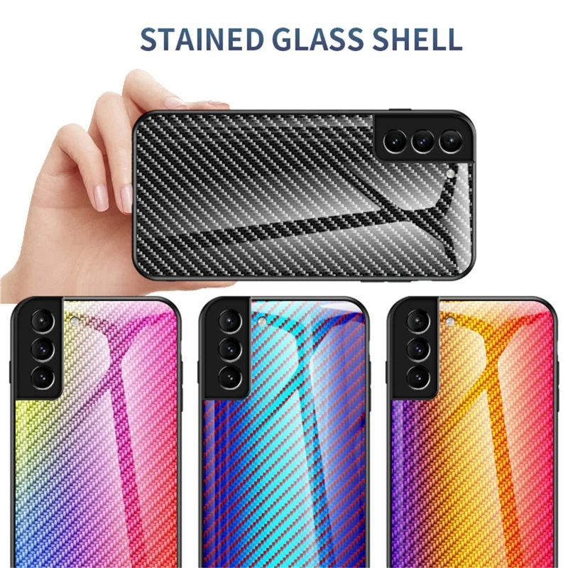 Carbon Fiber Texture Thin Light Tempered Glass Back Anti-Scratch PC+TPU Case Protective Cover for Samsung Galaxy S22 5G - Black