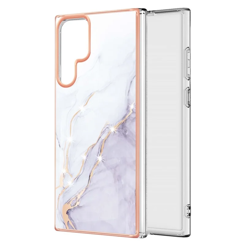 For Samsung Galaxy S22 Ultra 5G Scratch-resistant Anti-fall IML IMD Electroplating Frame Marble Pattern TPU Phone Case - White 006