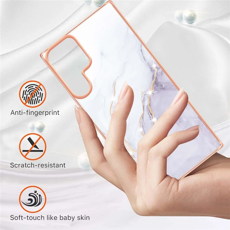For Samsung Galaxy S22 Ultra 5G Scratch-resistant Anti-fall IML IMD Electroplating Frame Marble Pattern TPU Phone Case - White 006