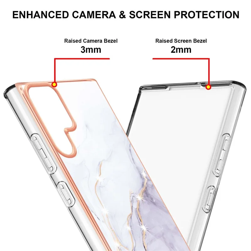 For Samsung Galaxy S22 Ultra 5G Scratch-resistant Anti-fall IML IMD Electroplating Frame Marble Pattern TPU Phone Case - White 006