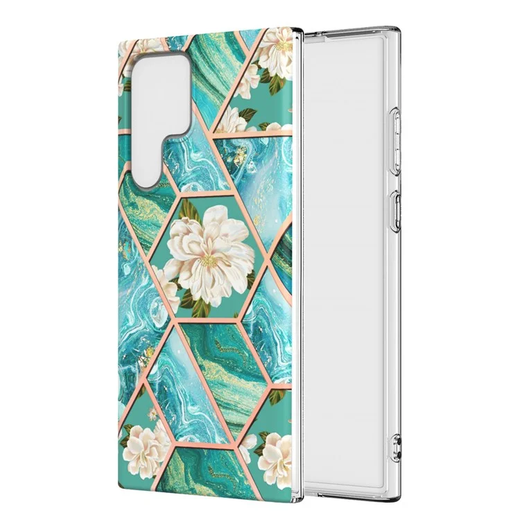 IML IMD Electroplating Soft Touch Marble Pattern TPU Shockproof Phone Case for Samsung Galaxy S22 Ultra 5G - Blue Flowers