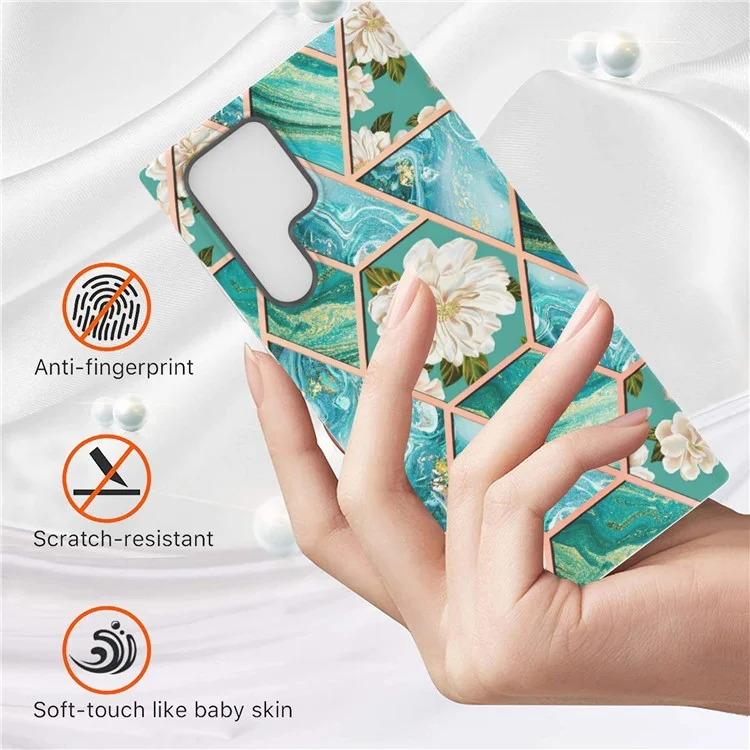 IML IMD Electroplating Soft Touch Marble Pattern TPU Shockproof Phone Case for Samsung Galaxy S22 Ultra 5G - Blue Flowers