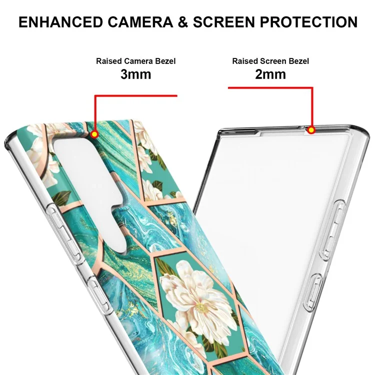 IML IMD Electroplating Soft Touch Marble Pattern TPU Shockproof Phone Case for Samsung Galaxy S22 Ultra 5G - Blue Flowers