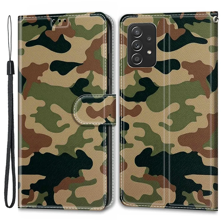 Pattern Printing Leather Flip Case Card Holder Magnet Folio Stand Shockproof TPU Inner Cover with Strap for Samsung Galaxy A53 5G - C12 Camouflage