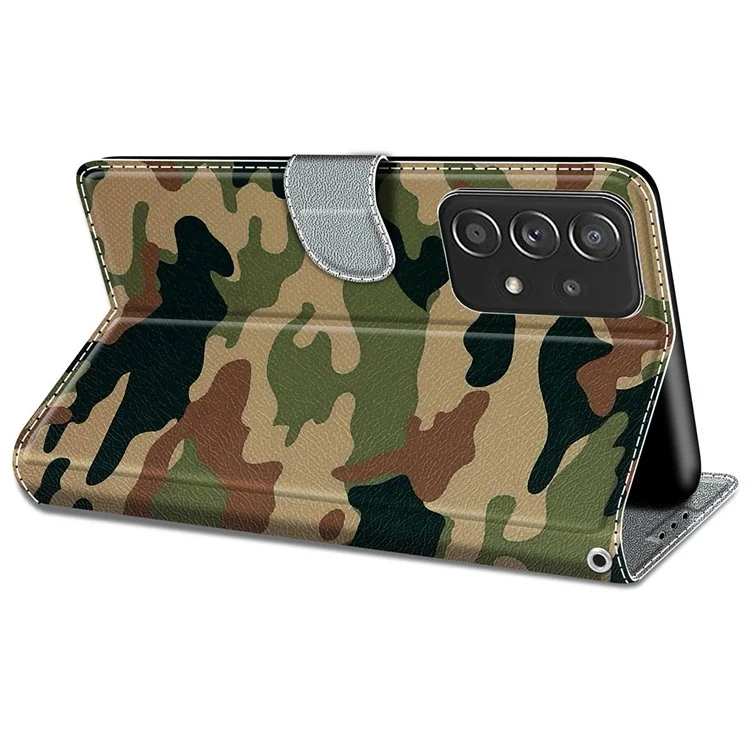 Pattern Printing Leather Flip Case Card Holder Magnet Folio Stand Shockproof TPU Inner Cover with Strap for Samsung Galaxy A53 5G - C12 Camouflage
