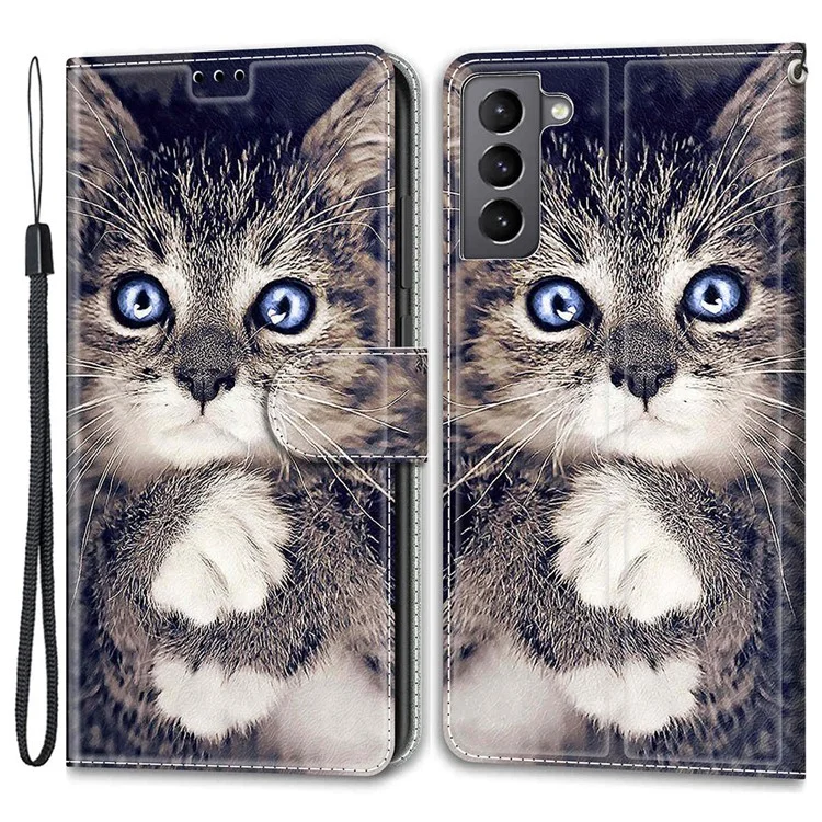 Ranuras de Tarjeta Impresión a Prueba de Choque Impresión PU Cuero Flip Case Protector Con Correa Para Samsung Galaxy S22 5G - Gato C02