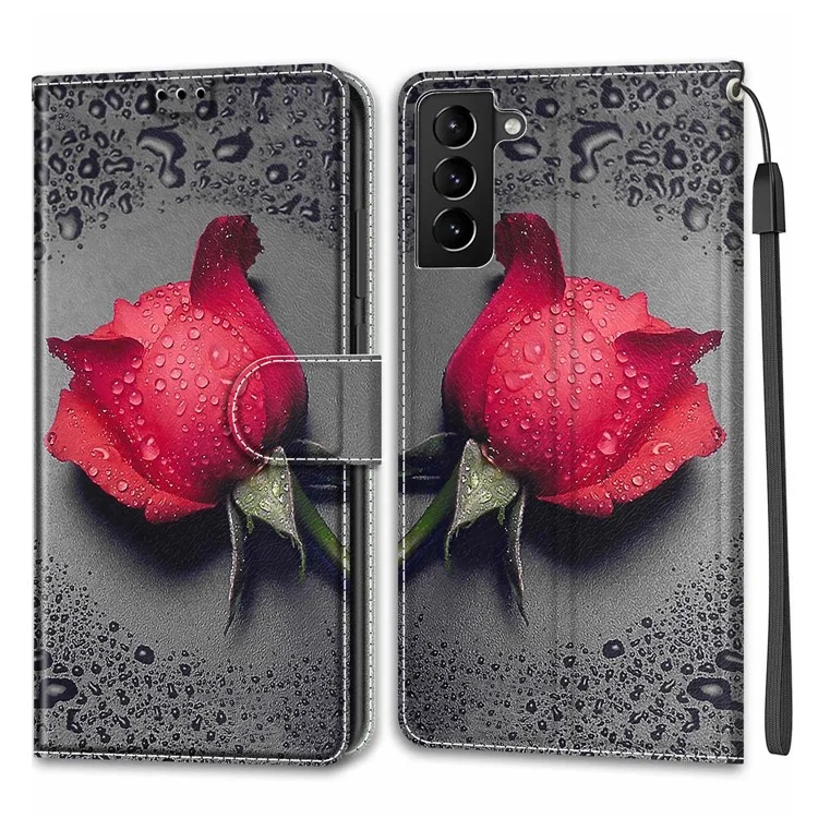 Anti-scratch Mobile Phone Shell Pattern Printing PU Leather Stand Card Holder Phone Case with Wrist Strap for Samsung Galaxy S22+ 5G - C14 Red Rose