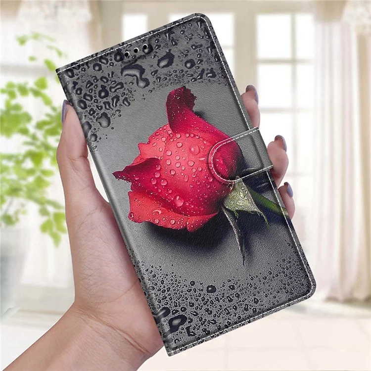 Anti-scratch Mobile Phone Shell Pattern Printing PU Leather Stand Card Holder Phone Case with Wrist Strap for Samsung Galaxy S22+ 5G - C14 Red Rose