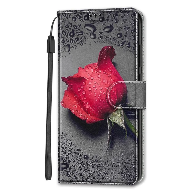 Anti-scratch Mobile Phone Shell Pattern Printing PU Leather Stand Card Holder Phone Case with Wrist Strap for Samsung Galaxy S22+ 5G - C14 Red Rose